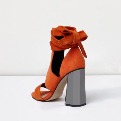 Orange tie up graphic heel sandals
